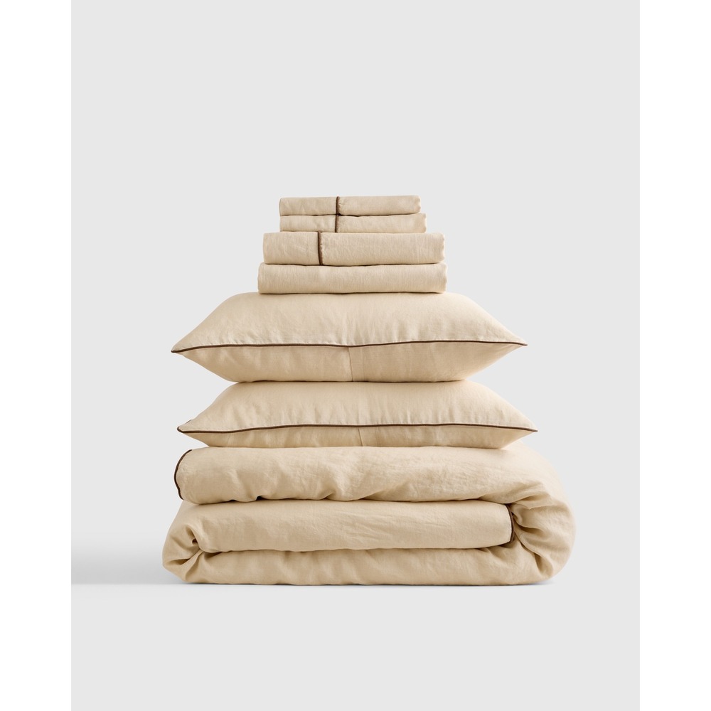 Quince Linen Piped Sheet Set Queen Oat Espresso European Linen Bedding NEW
